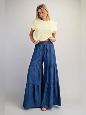 Tiered Ultra Wide Leg Mineral Washed Denim Palazzo Pants - eesome